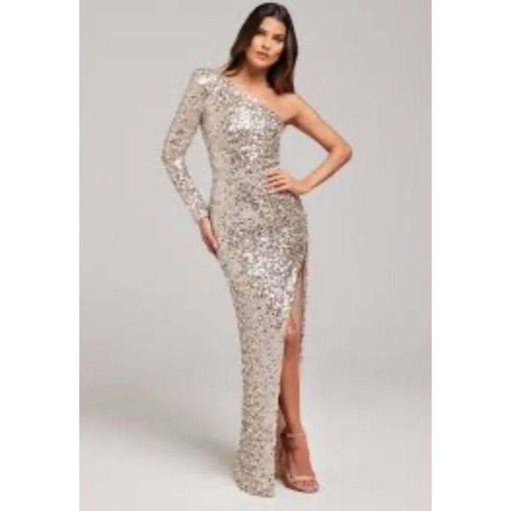 Fashion Nova Champagne One Shoulder Sequin Gown W/Side Slit Size M